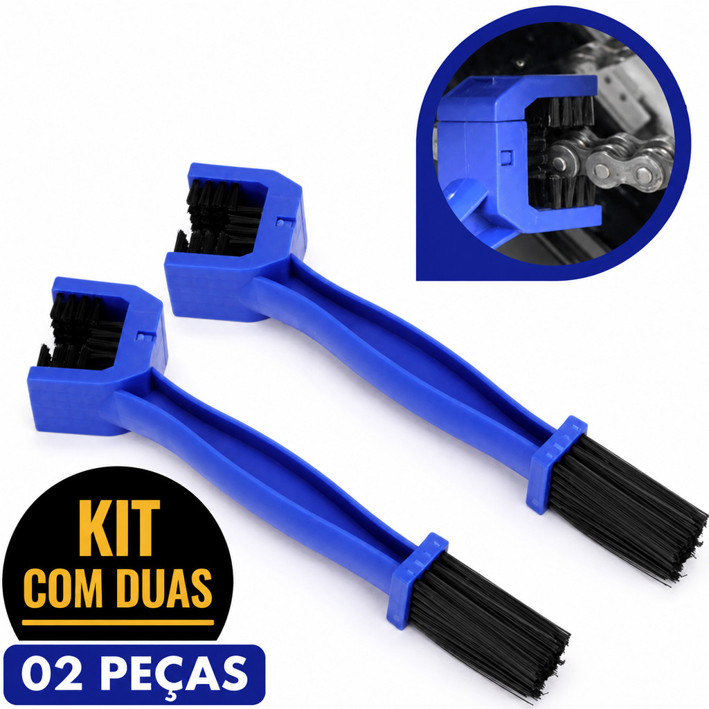 Kit com duas Escovas Limpa Corrente Transmissão Universal Moto Bike Acessório Limpeza Casa Moto Carro Bike + ZemMart+-+