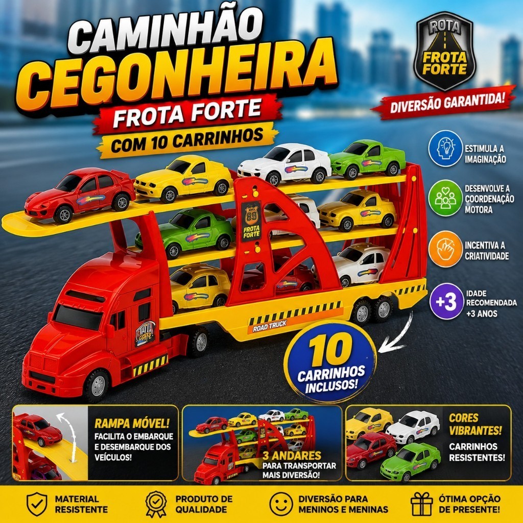 Caminhão Cegonheira Frota Forte Com 10 Carrinhos Brinquedo Infantil Colorido