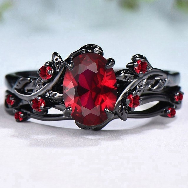 Anel Feminino Clássico Luxuoso com Zircônia e Rubi, em Ouro Rosê Preto, Formato de Ramo em Folha, Joia de Casamento, Per