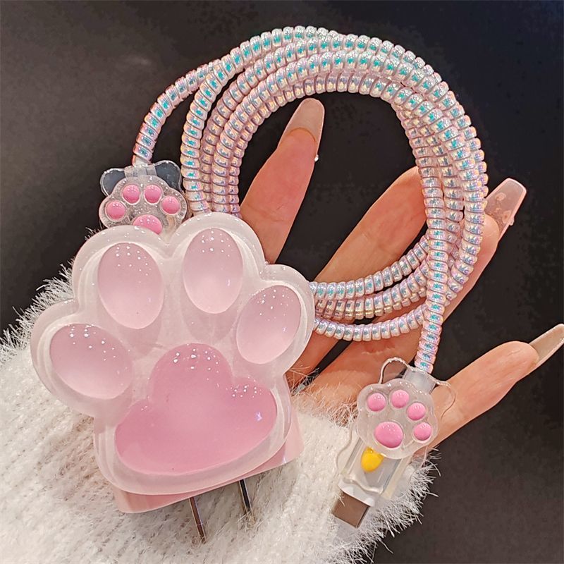 DIY Rosa Gato Garra Carregador Cabo Protetor Compatível Para iPhone 16 18W 20 Bonito Linha De Dados Espiral Enrolador