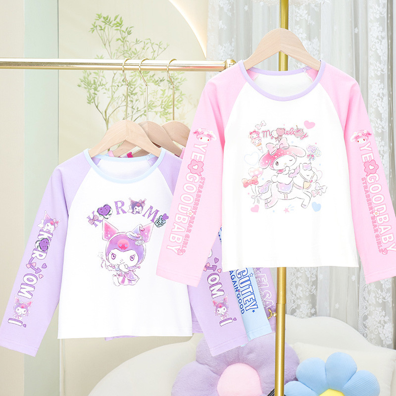 2024 outono novo estilo meninas puro algodão manga comprida camiseta topos crianças cor-bloqueio de manga comprida All-M