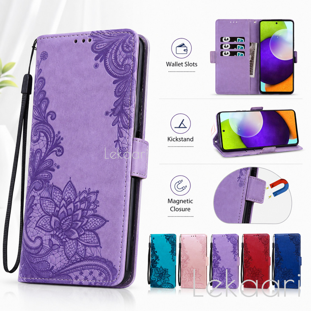 Capa Flip Fina Para Samsung Galaxy A33 A53 A73 A23 A02 A12 A22S A22 A32 A422 A52S A72 M56 M04 C55 F14 M12 Couro Renda Em