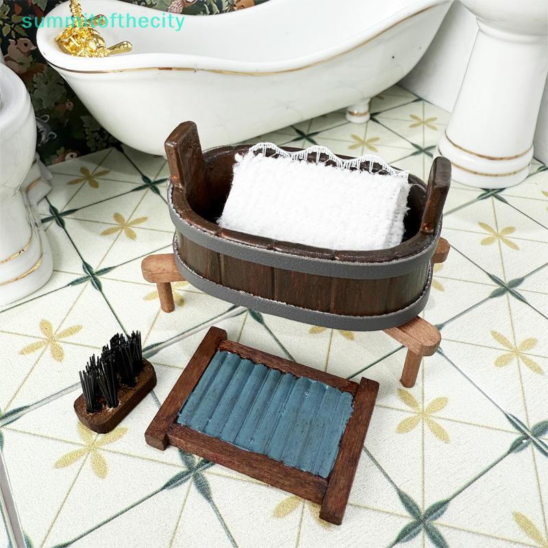Conjunto De Três Peças Para Casa De Bonecas 1 : 12 , Miniatura , Barril De Madeira , Escova De Lavar , Cena De Lavanderi