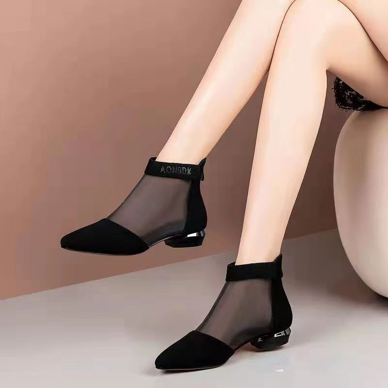 Wenzhou strass malha sandálias botas femininas 2026 verão novo estilo oco salto plano salto grosso fosco Toe-coberto sap