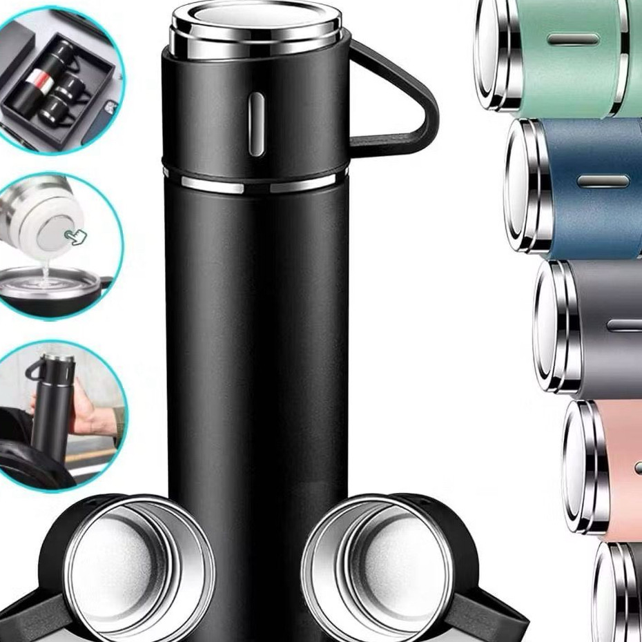 Kit Garrafa 3 Xícaras Personalizado 500ml Squeeze Térmica Inox Copo Bebida Quente Fria Tampa Vácuo