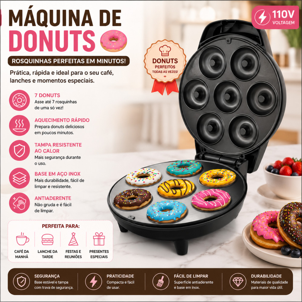 Máquina De Donuts Elétrica 7 Rosquinhas Antiaderente 110V Forma Donut Maker Confeitaria Caseira