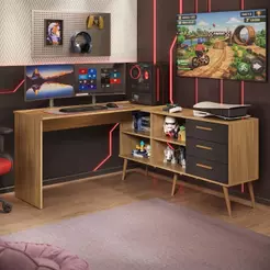 Escrivaninha Gamer Em L Para Computador 3 Gavetas Nexus Multimóveis Mp4781 Madeirado/preto