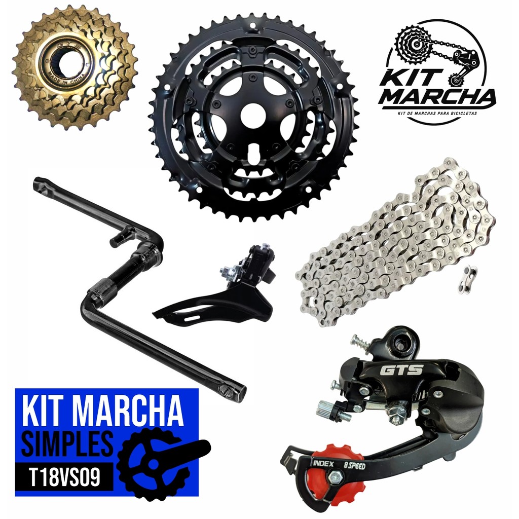 Kit Transmissão 18v - Catraca 6v + Corrente Marcha Fina + Engrenagem Tripla + Pedivela + Cambios Gts