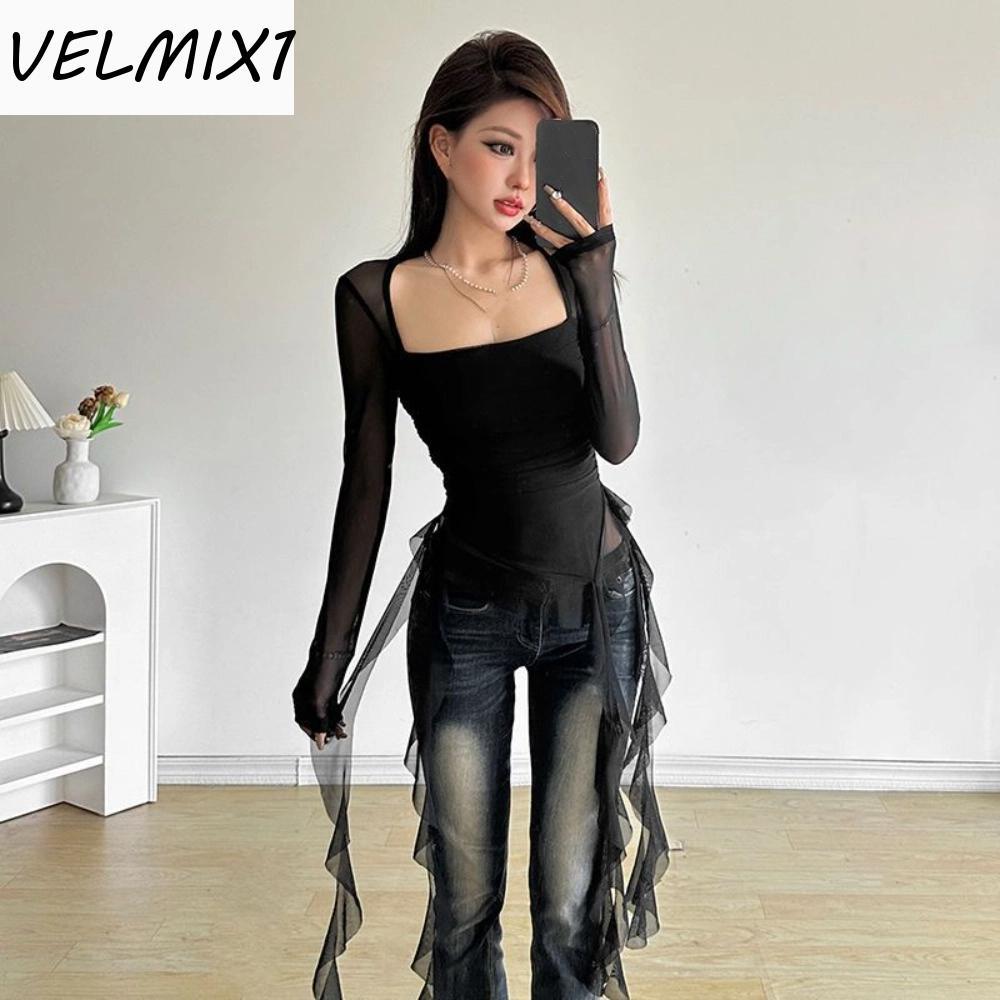 VELMIX1 Slim Fit Crop Tops , Coreano Y2K Ins Gola Plissada Medusa Malha Cinto Camiseta , Irregular