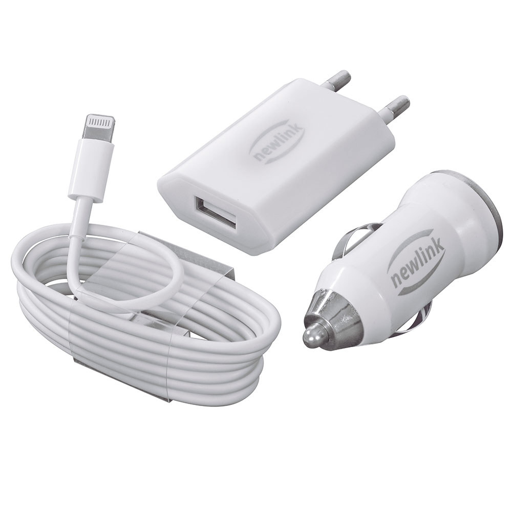 KIT LIGHTNING 3 EM 1, CABO, CARREGADOR DE TOMADA E VEICULAR BRANCO KT200 NEWLINK