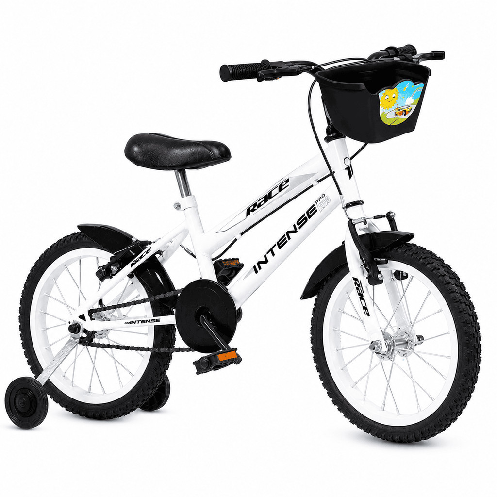 Bicicleta infantil Aro 16 V-brake Meninos com rodinha Colorida quadro Aço Carbono Intense Kids Cor Branco/Preto