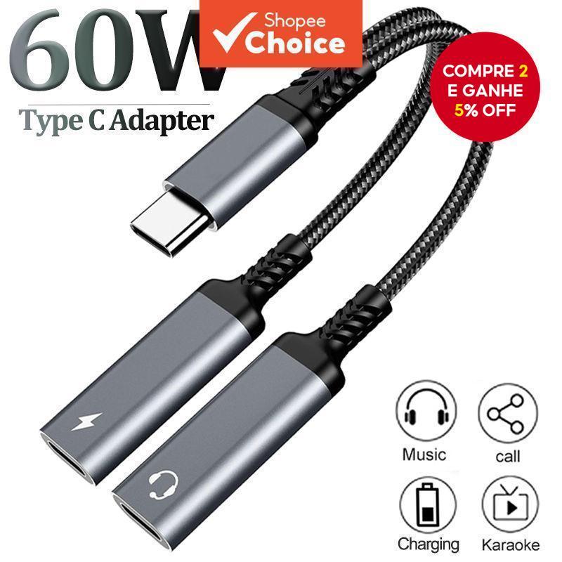 Divisor 2 Em 1 USB-C OTG Dual Para Fone De Ouvido E Adaptador De Carregador Rápido PD 60W