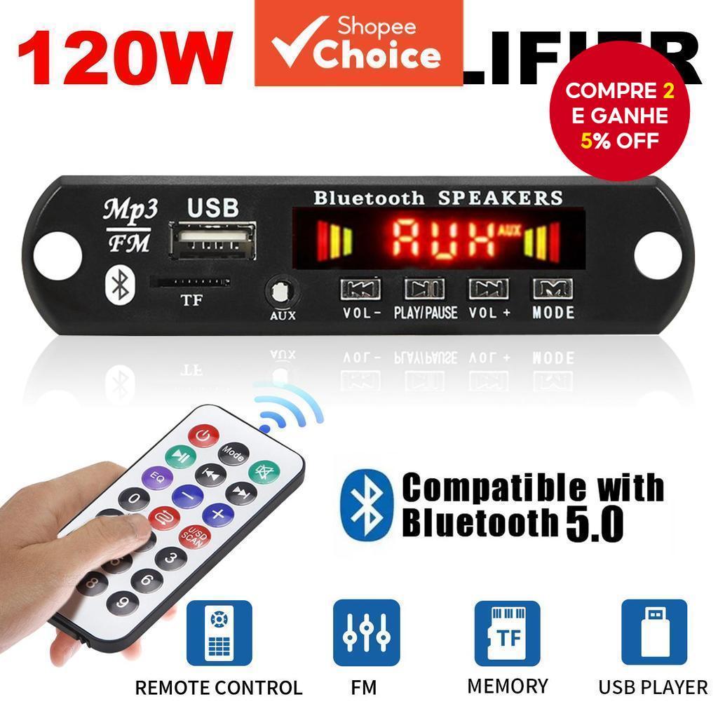 Amplificador 120W Bluetooth 5.0 Placa Decodificadora MP3 12V Viva-Voz Áudio Para Carro USB TF Rádio FM