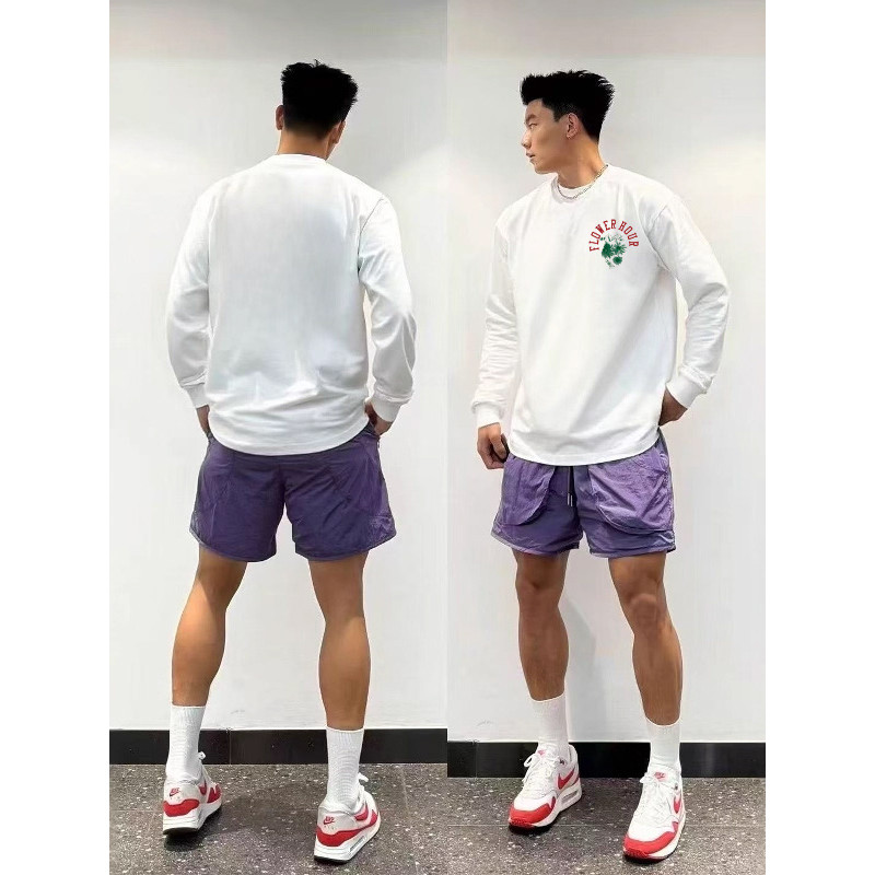 American High Street carta impressa camiseta de manga comprida masculina outono hiphop puro algodão solto pequeno decote