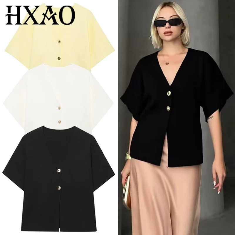 Cardigã de Tricô HXAO para Mulheres Verão 2025, Suéter Feminino Amarelo, Cardigã Elegante com Botões, Manga Curta, Malha