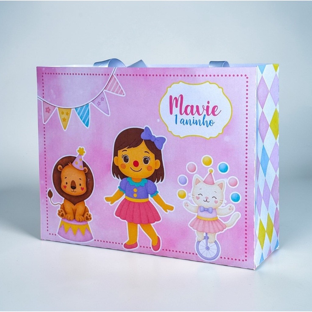 10 Sacolinhas Circo Rosa Aquarela Personalizadas – Lembrancinha mimo Festa Infantil G (19x15x6cm)
