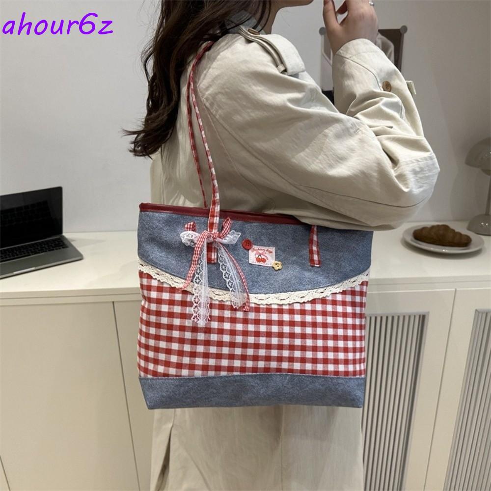 Bolsa De Ombro Com Laço De Renda AHOURZ , Estilo Rural Xadrez Jeans , Sacola Coreano De Grande Capacidade