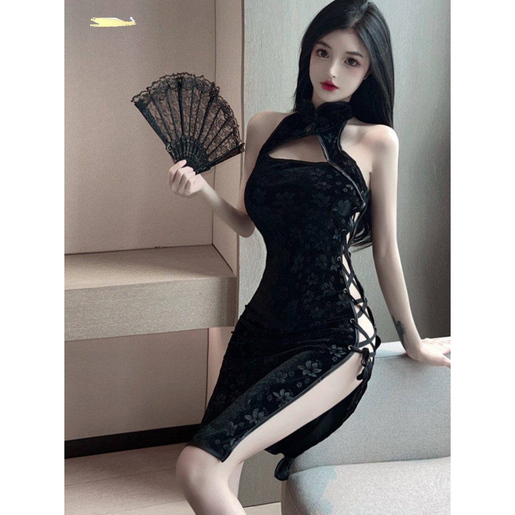 Retro Jacquard oco atado alta fenda veludo Cheongsam vestido Sexy Halter vestido Design nicho saia
