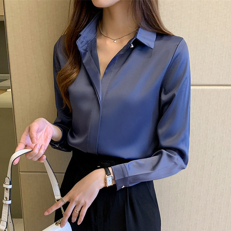 Blusa Formal Elegante de Manga Longa para Mulheres, Camisas de Seda, Blusas de Cetim Outono 2023, Roupas Femininas 561 4