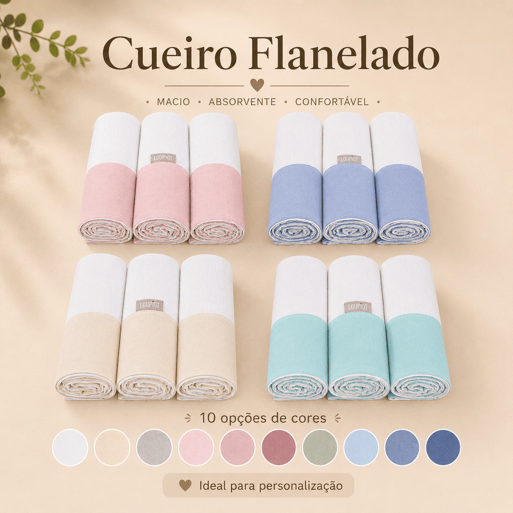 Cueiro Flanelado 80x80cm Kit 3 Peças 150 Fios Barrado Tricoline p/ Bordar Enxoval Bebê Recém-Nascido Menino Menina