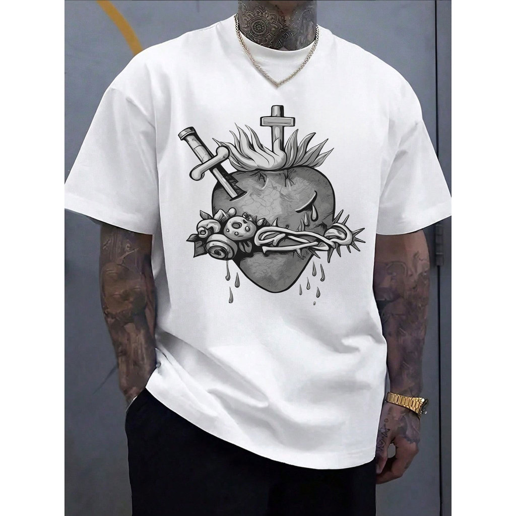 [Camiseta Premium em Algodão Puro]CC Oversized Camiseta Masculina Streetwear com Estampa Religiosa, Estilo Casual