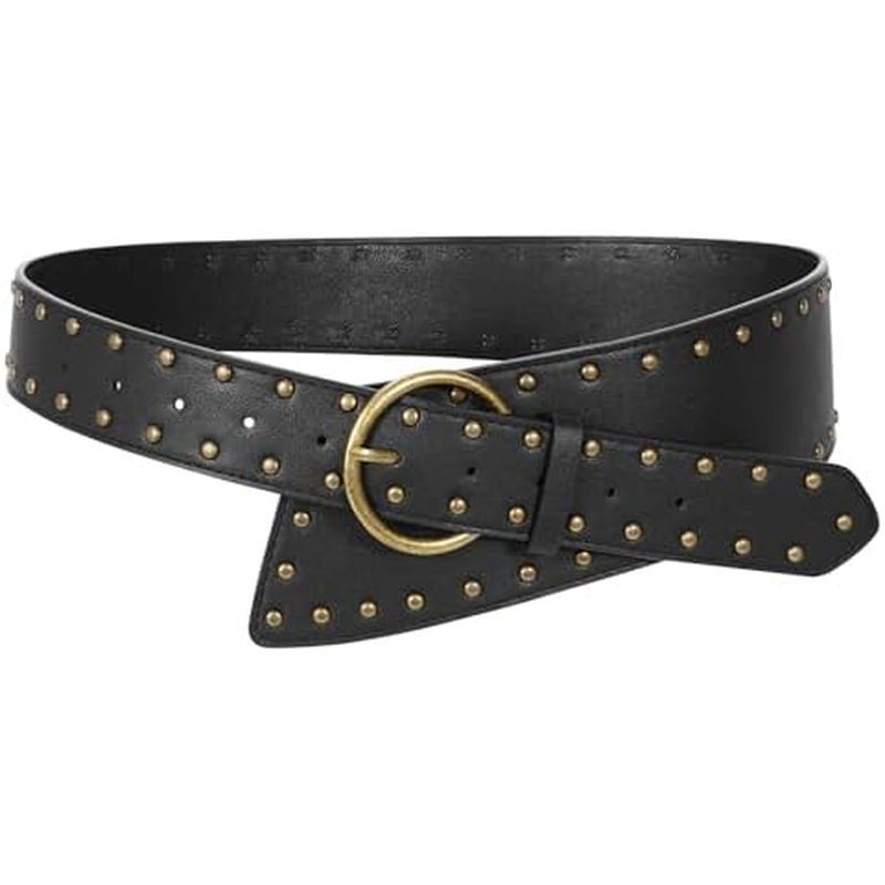 JASGOOD Cinto Feminino Largo Para Vestidos De Couro Grosso Cravejado De Rebite Elegante Com Fivela De Pino Dourado
