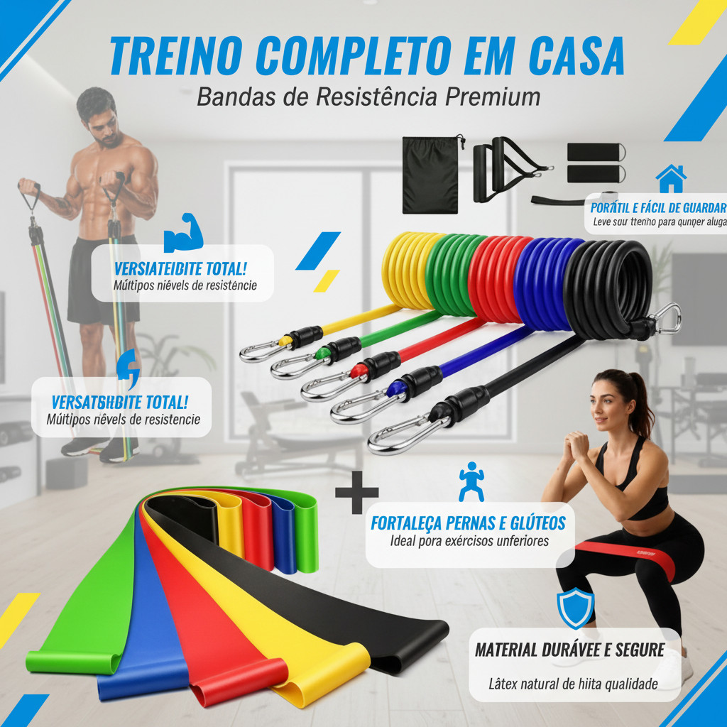 Imagem Kit 16 Itens Treino Em Casa Completo Elásticos Extensores + 5 Mini Bands Fitness Musculação Exercícios Yoga Fisioterapia