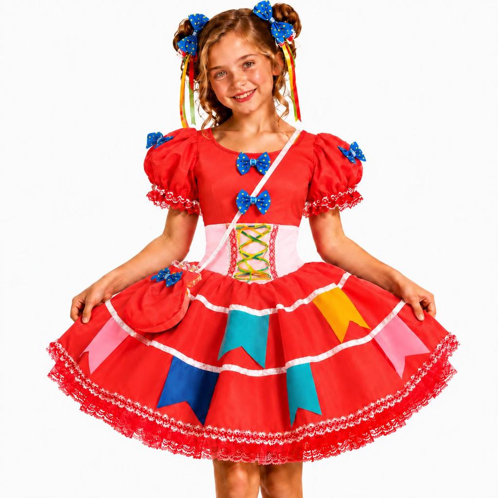 Vestido Infantil de Festa Junina de Luxo Bandeirinhas Com Saia Rodada e Saiote Embutido pra Meninas