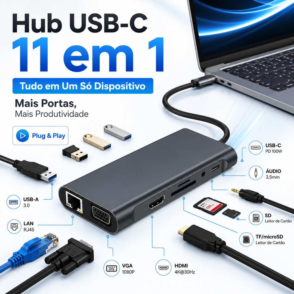 Hub USB Tipo C 11 em 1 Adaptador Expansor Multiporta USB3.0 HDMI VGA LAN Áudio TF SD OTG