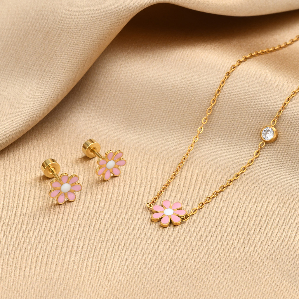 Conjunto De Joias De Flor De Zircônia Rosa De Aço Inoxidável Vnox Para Bebês Meninas, Kit De Brinco De Colar Infantil · foto 2