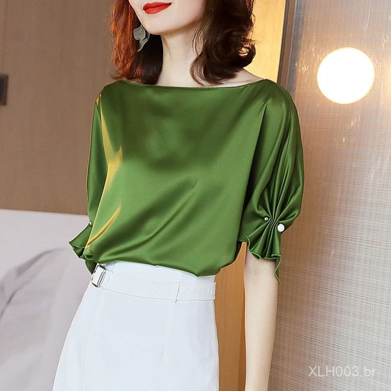 Almofada de Seda Luxuosa, Almofada de Cetim Crepe Leve e Pesada, Blusas Femininas Longas e Soltas xxxxl YU24