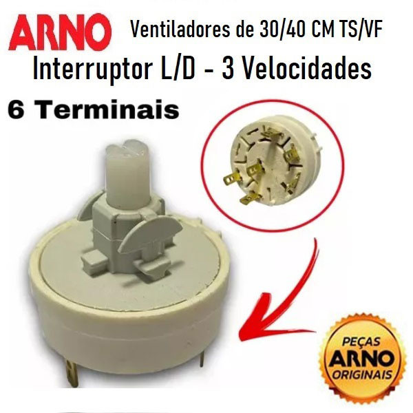 Interruptor  3 velocidades ventilador Arno - TS / VF / VD / VU - 6 pinos