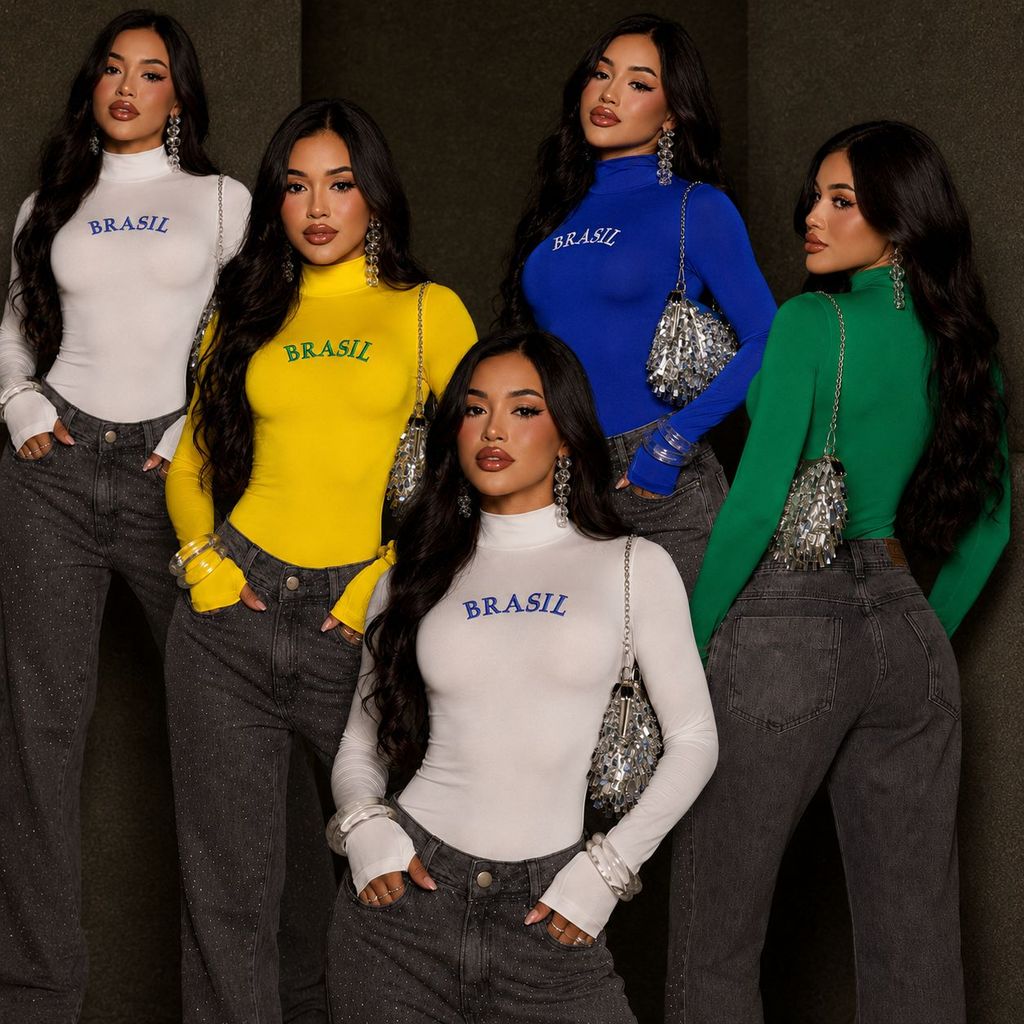 Body Feminino Brasil Manga Longa Gola Alta Modelador Luxo