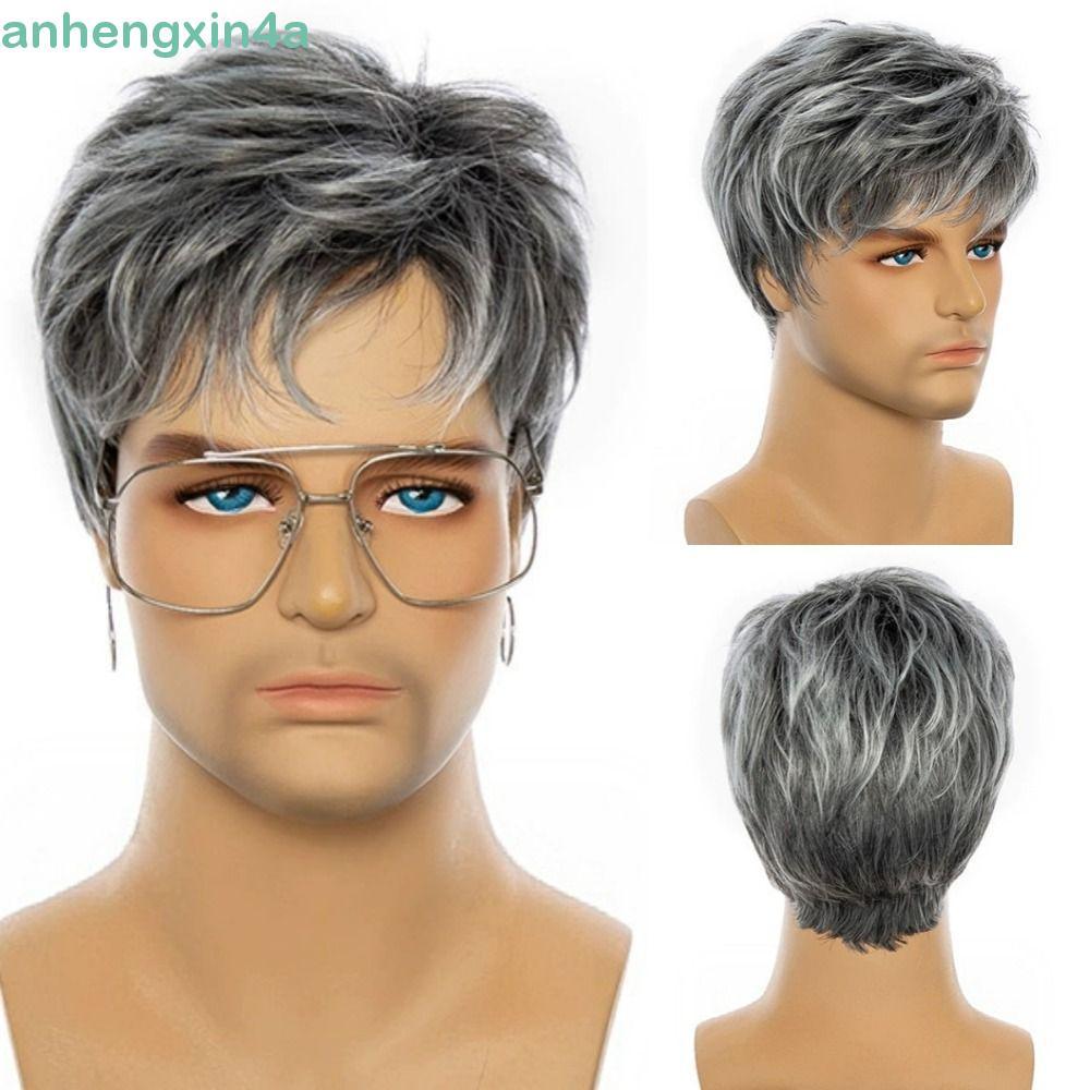 ANHENGXIN Perucas Sintéticas Masculinas , Cinza E Branco Cosplay Moda Cabelo Curto Masculino , Peruca Curta Reta Realist