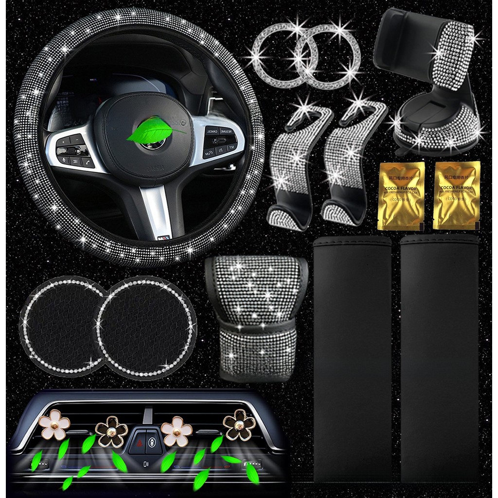 Acessórios Automotivos Femininos | Volante de carro cravejado de diamantes | Conjunto de 17 peças de acessórios para int