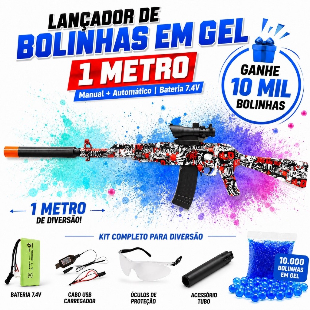 Lançador de Bolinhas em Gel 1 Metro Grande Elétrico e Manual com  10000 Bolinhas