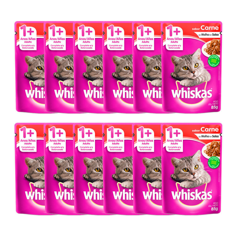 Kit 12 Ração Úmida para Gatos Whiskas Adulto 1+ Anos Sabor Carne ao Molho em Sachê 85g