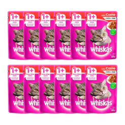 Kit 12 Ração Úmida para Gatos Whiskas Adulto 1+ Anos Sabor Carne ao Molho em Sachê 85g
