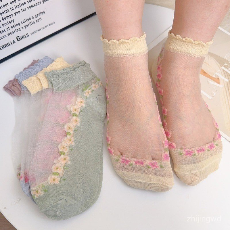 5 pares de meias de cristal - estilo JK, delicadas, com renda e babados - meias curtas transparentes - meias curtas flor