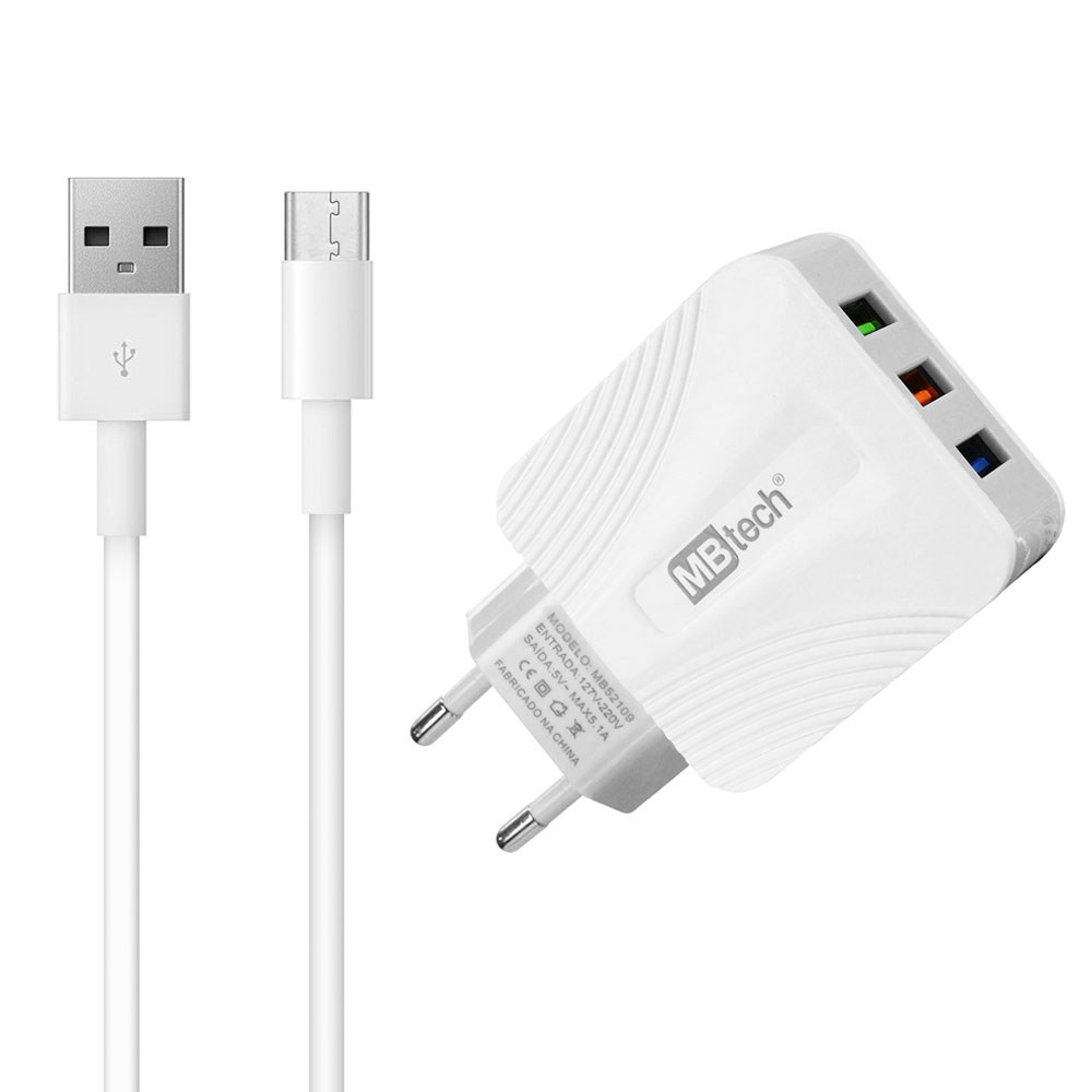 Carregador 3 Entradas Turbo Micro USB 5.1 Fonte Celular