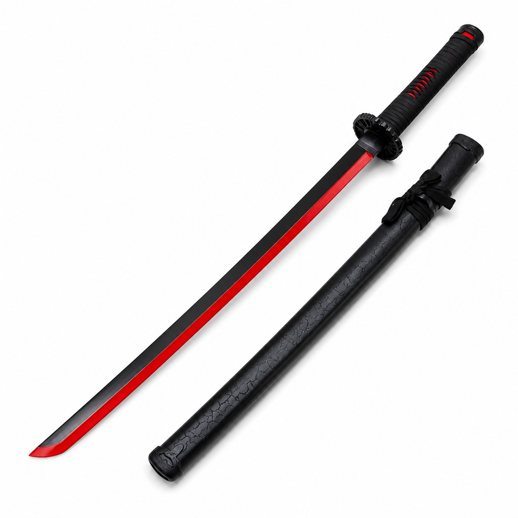 Espada Anime Demon Slayer Katana Preto e Vermelho De Bambu Com LED Cosplay Decoração