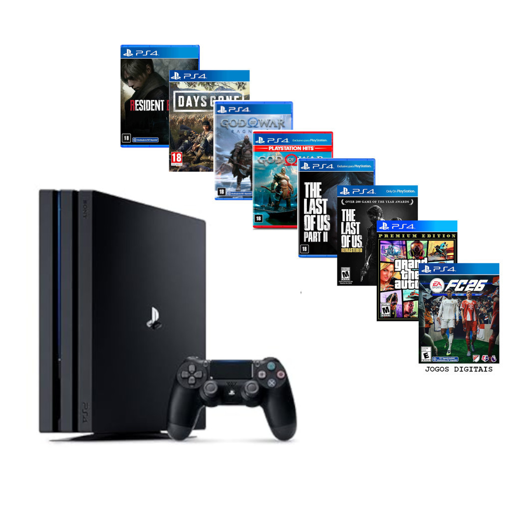 Sony Playstation 4 1000gb Ps4 Pro 1 ou 2 Manetes + Gta 5 + Ea fc 26 + God of war + 40 Jogos