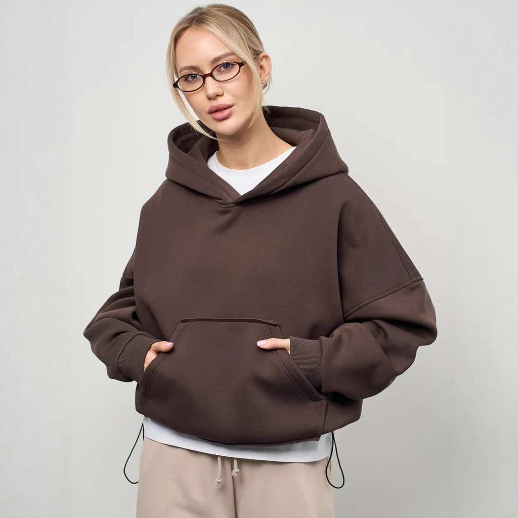 Moletom feminino casual de cor sólida, com capuz, cintura marcada, manga longa, top curto, pullover com bolsos.