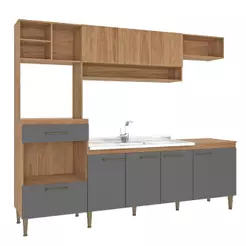Cozinha Completa Modulada com Armário e Balcão 5 Peças 8 Portas 1 Gaveta 240cm CC120 Cor Mel/Grafite - Fellicci Móveis
