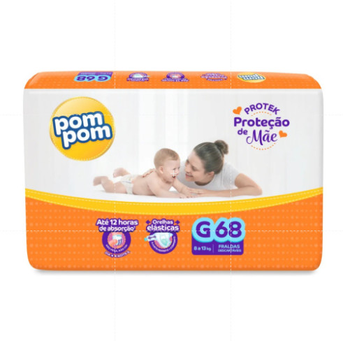 Fralda Pom Pom Protek Proteção de Mãe Hiper | Tamanho G | 68 Unidades | Até 12h de Absorção