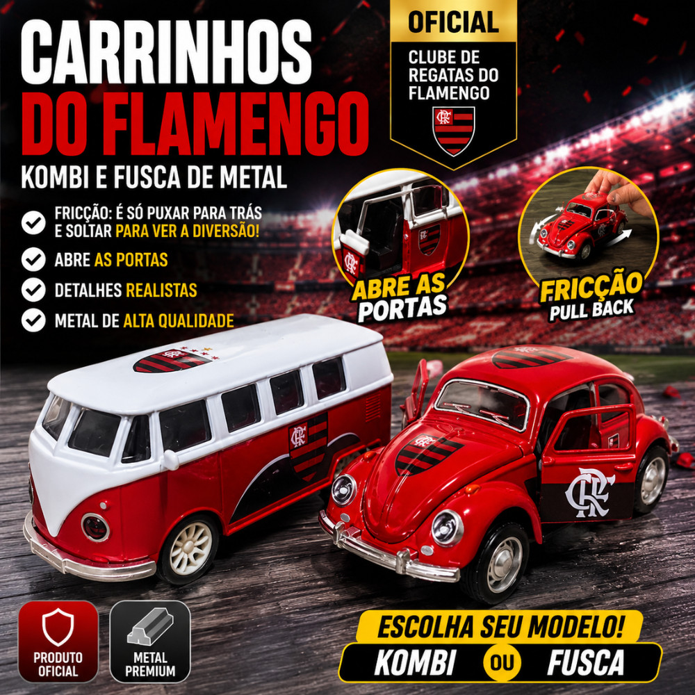 Carrinho Flamengo Fusca e Kombi Metal Fricção Abre Portas Miniatura Colecionável Oficial