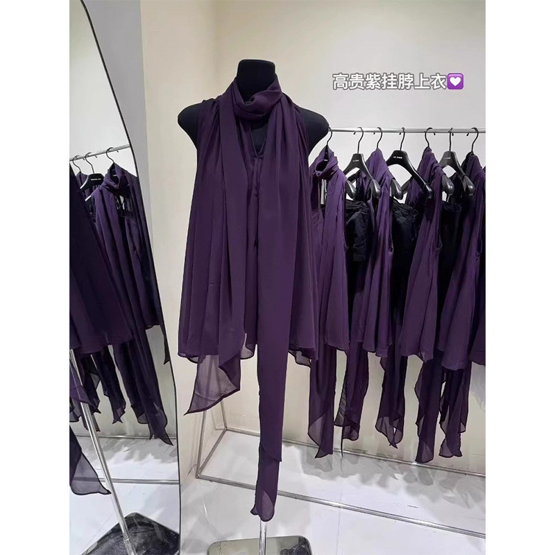 Novo top de chiffon super popular para o verão de 2025, design francês único e super estiloso, camisa sem mangas roxa de