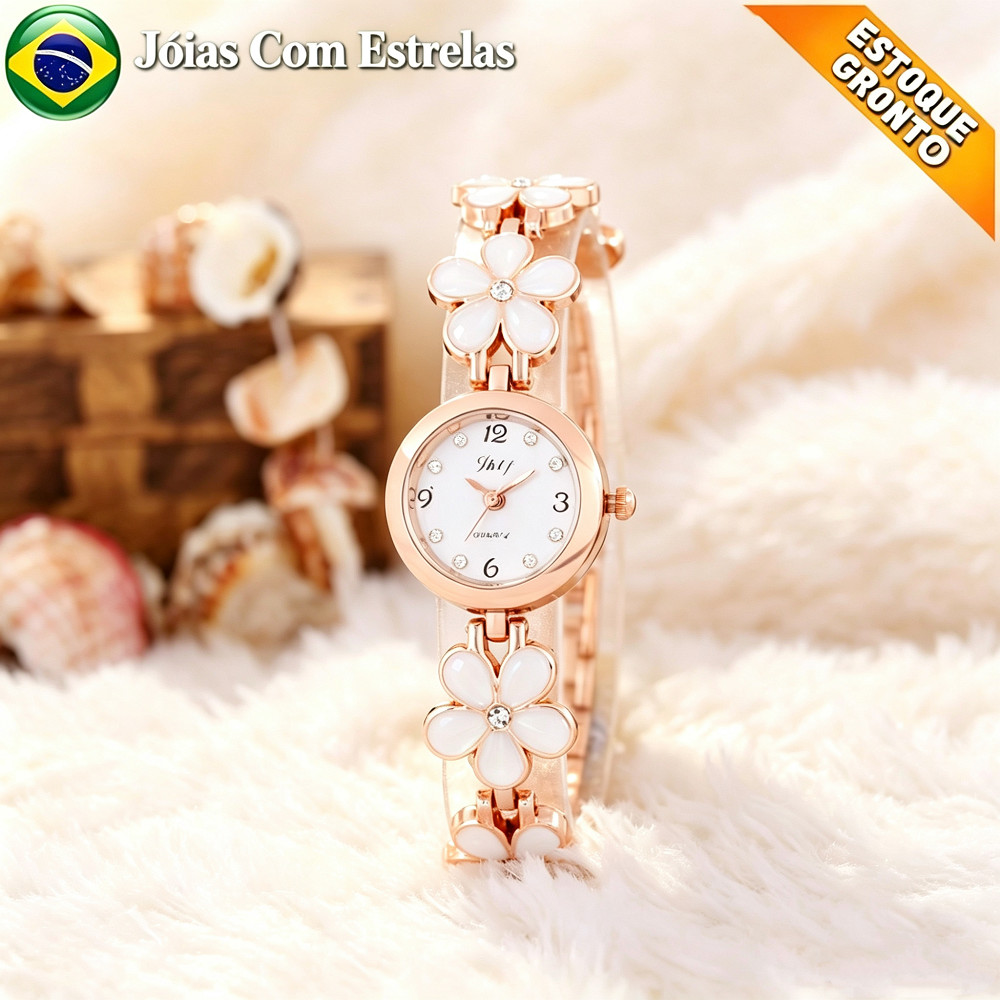 Relógio de Quartzo Moda Simples Flor de Quartzo Feminino Branco Novo Estilo Presente Preto Com diamante