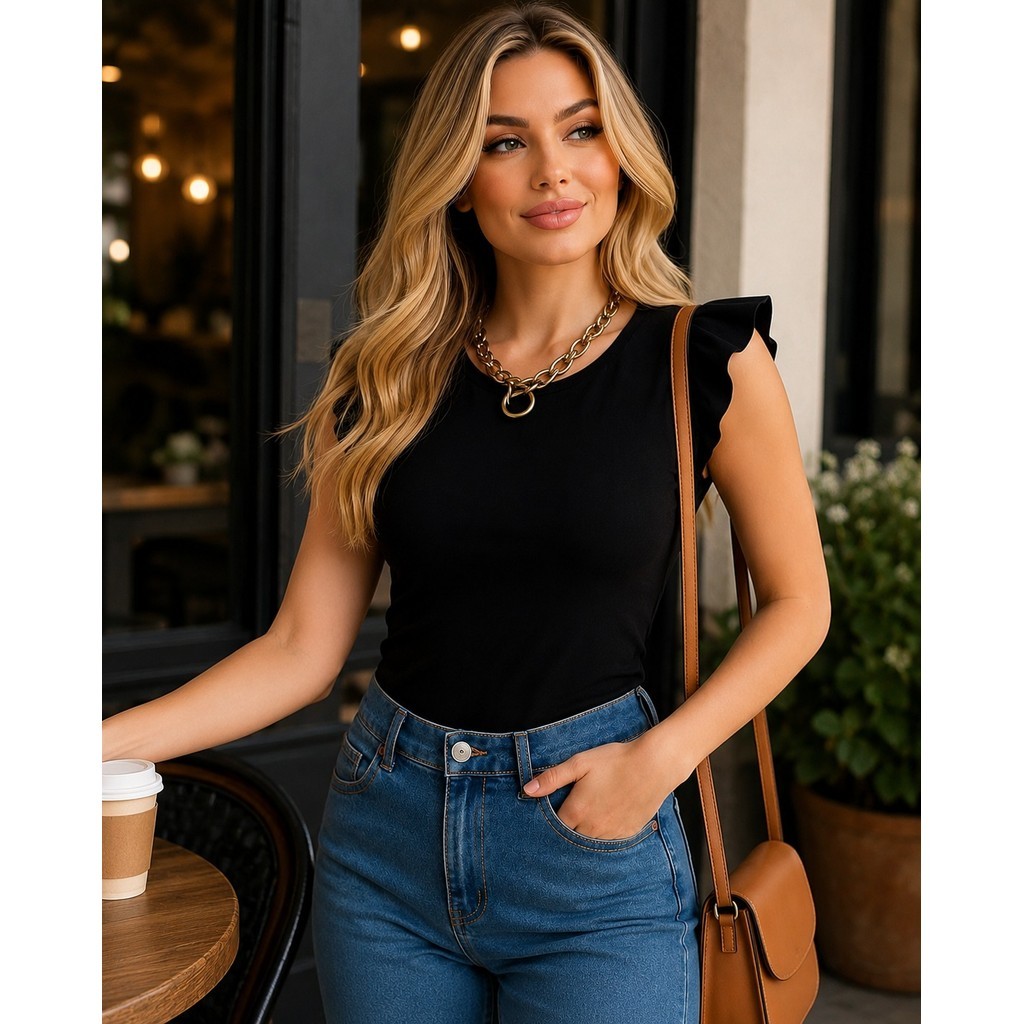 blusa feminina manga cavada babado canelada macia perfeita estica top tendência