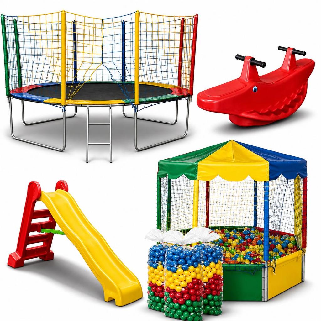 Kit Cama Elástica 3,05m   Piscina Oitavada 2,00m   1500 Bolinhas Coloridas  Escorregador Grande 4 Degraus  Gangorra Infa